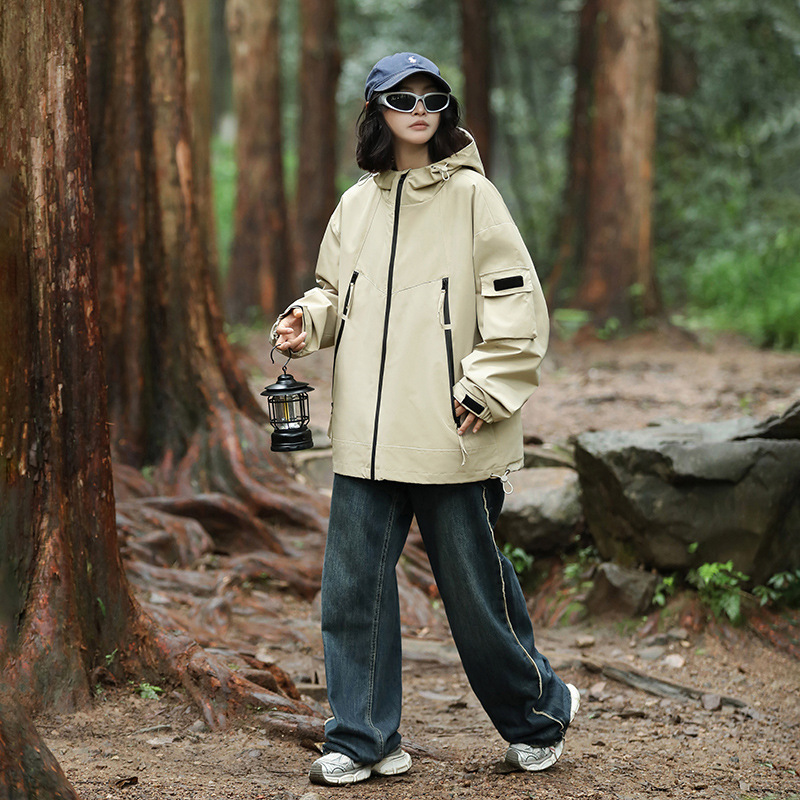 Men's autumn new American workwear couples, loose windproof and waterproof solid color hooded jacket for men_voghion.com