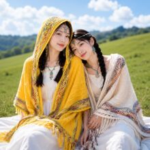 川西云南旅游黄色民族风披肩外搭女青甘大环线衣服斗篷针织围巾