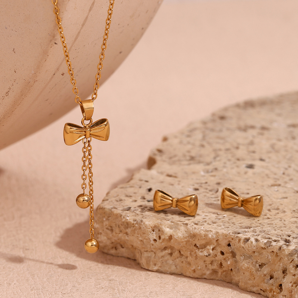 Gold Color Bow Knot Necklace Earrings Sets