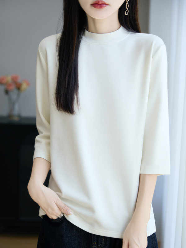 2025年早秋新款棉线半高领针织衫七分袖女磨毛纯色宽松打底衫上衣|undefined