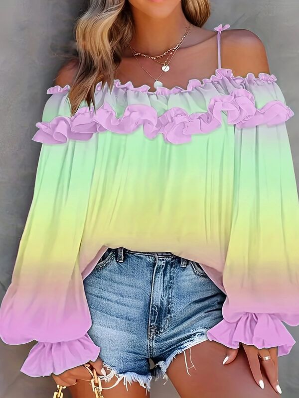 2025 Summer New European and American Cross-Border Style Spicy Girl Off-Shoulder Color-Blocking Gradient Lace-Up Plus-Size Top
