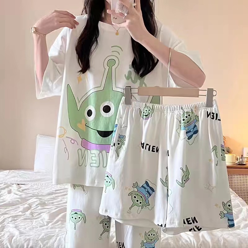 [conjunto de tres piezas] pijamas de mujer nuevo cuello redondo de verano manga corta ropa casera casual pantalones cortos sueltos set