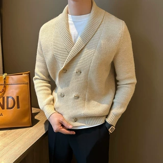 【睿绅服饰】重磅商务正装绅装针织外套男士青果领双排扣毛衣保暖