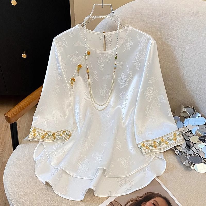 New Chinese-Style Embroidered Shirt for Women, National Style Design, Young Fashion Top, Fashionable Inner Wear, Acetate Satin Jacquard