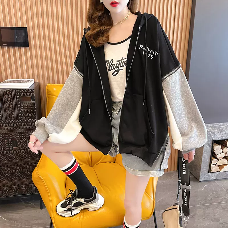 大码女装2024春秋新款宽松拼接撞色口袋拉链开衫连帽卫衣外套女潮
