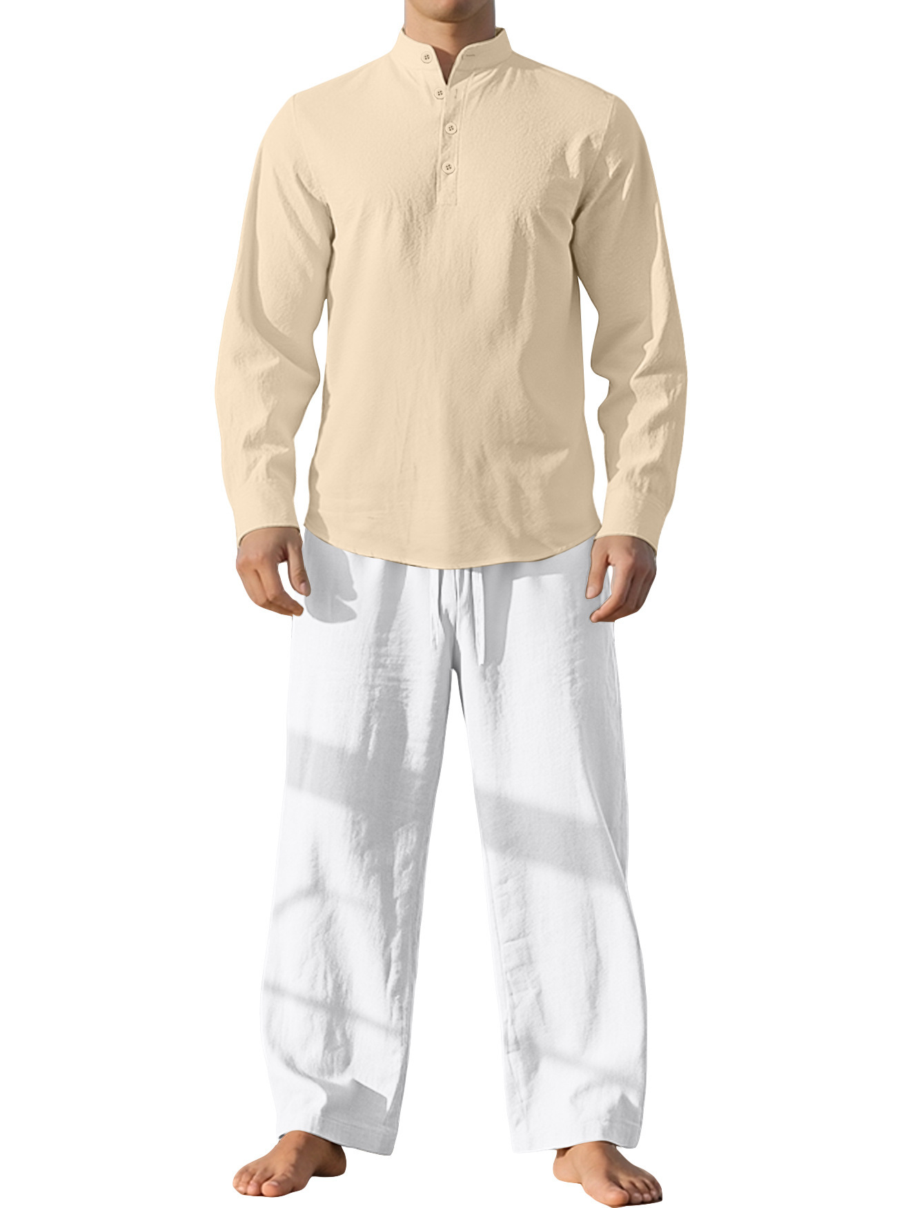Nuevo transfronterizo Europa y América primavera y otoño delgada camisa de mangas largas deportiva de cuello vertical camisa de color sólido de algodón y lino para hombres