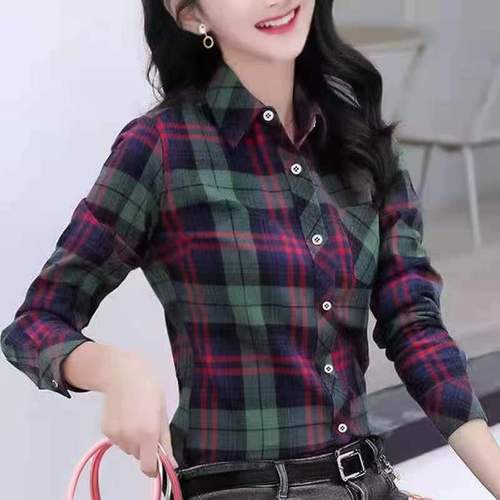 Women's Long-Sleeve Grid Shirt 2025 New Spring and Autumn Korean Version Retro Hong Kong Style Base Shirt for Plus Size Casual Single Wear Outerwear