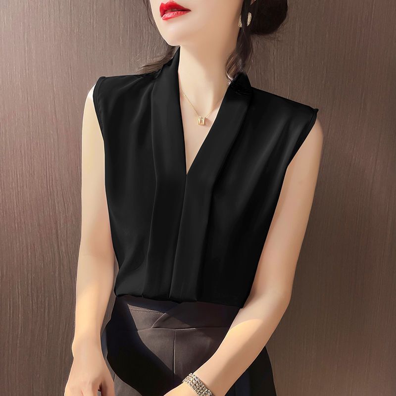 V-Neck Sleeveless Shirt Women's Spring and Summer New Suit Inner Base Shirt Women's Cut Sleeve Solid Color Chiffon Outer Wear Small Vest