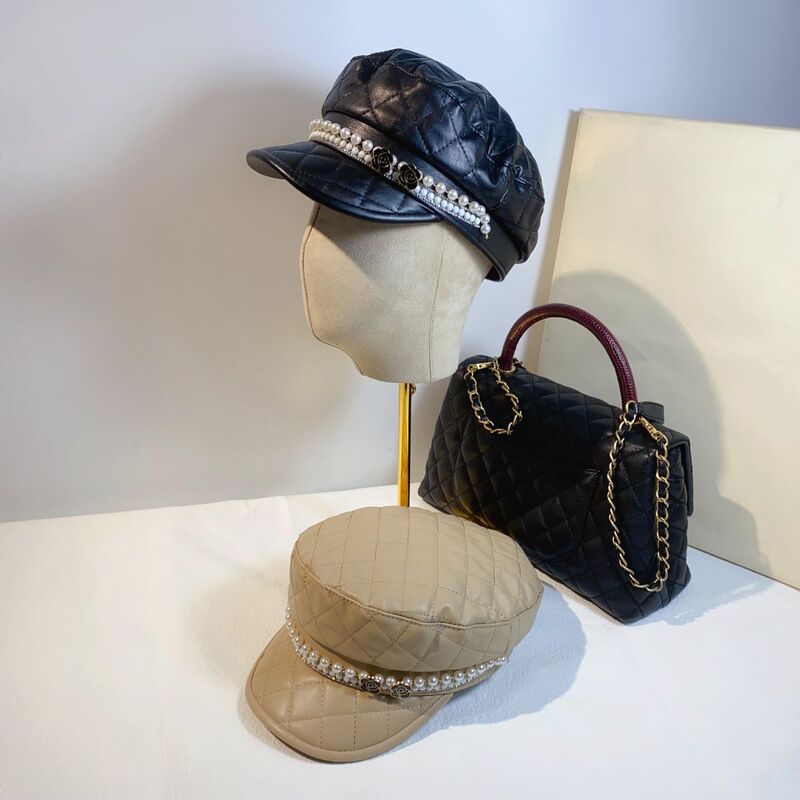 Chanel style PU leather ceramic piece Pearl all-match newsboy retro casual shopping fashion peaked cap trendy navy hat