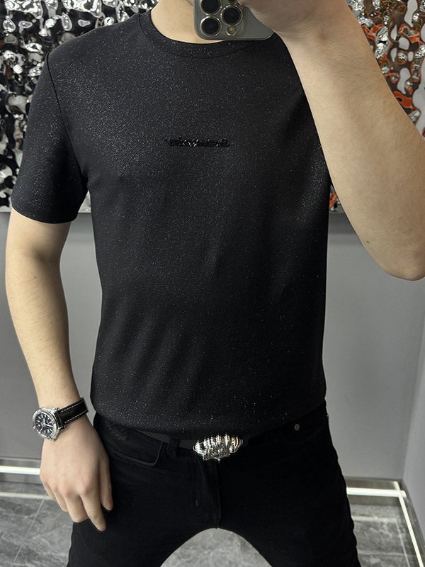 Men's New Starry Sky Slim Fit Letter Short-Sleeve T-Shirt, Fashionable Round Neck Base Layer, Light Luxury Short-Sleeve Base Shirt
