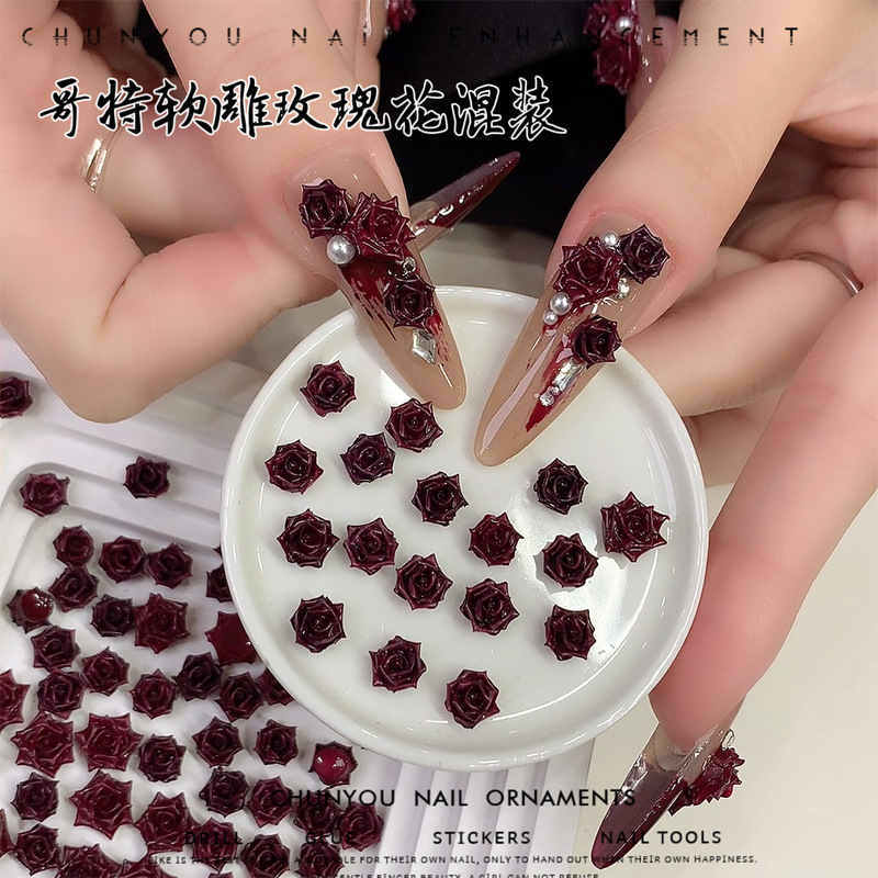 Nuevo estilo gótico suave tallado rosa flor de uñas joyería año nuevo alto sentido Encola rojo blanco uñas accesorios diamante