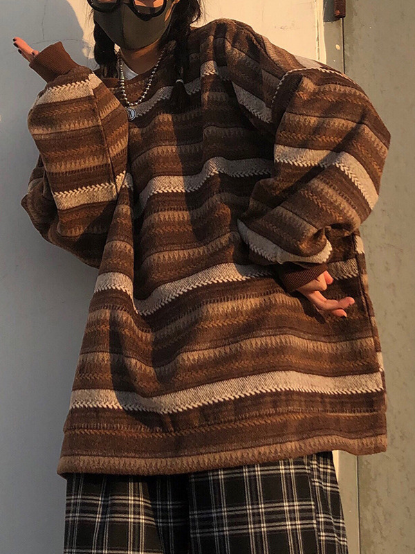 2025 primavera y otoño tendencia en coreano retro perezoso tweed camisa de punto a rayas suéter de cuello redondo para hombres y mujeres