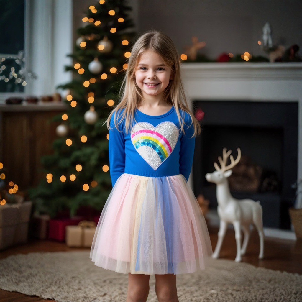 Ropa para niños europeos y americanos cuello redondo manga larga vestido de malla nueva chica en forma de corazón brillante lentejuelas chica media falda infantil falda de otoño