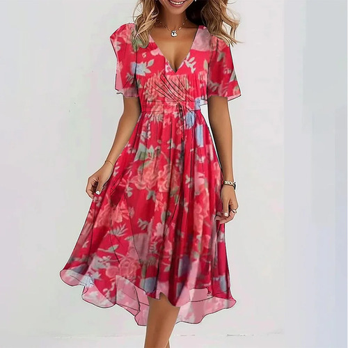 Relaxed and Elegant V-Neck Floral Print Hot Selling Printed Dress for E-commerce