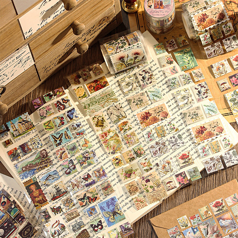 sello amarillento retro estampado cinta adhesiva DIY paisaje pegatinas de libro de mano rollo de plantas y animales pegatinas de sellos retro