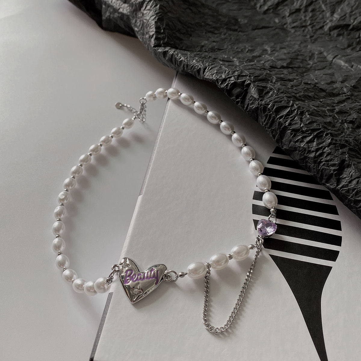 Fashion Pink Pearl Heart Double-layer Titanium Steel Clavicle Chain Bracelet Wholesale display picture 5