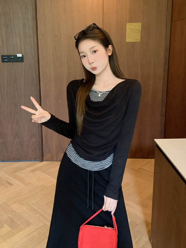 荡领撞色拼接假两件长袖T恤女早秋穿搭内搭打底抽褶修身显瘦上衣|undefined