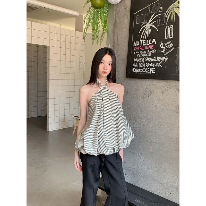 Summer Design Striped Halter Neck Tie Cloud Strap Floral Crop Top for Women, Loose and Slimming Style Summer Design Striped Halter Neck Tie Cloud Strap Floral Crop Top for Women, Loose and Slimming Style