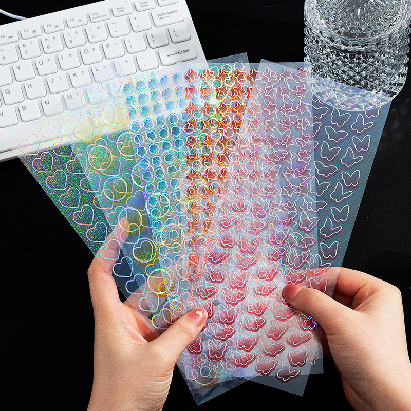 Borde de plata amor mariposa color gradiente láser Goo tarjeta mano cuenta pegatinas DIY foto material decorativo papelería pegatinas