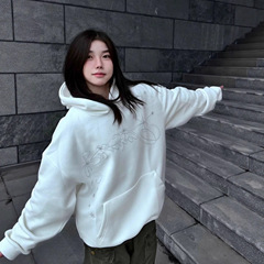 美式高街银线星星刺绣连帽白色卫衣女春秋宽松设计感潮牌情侣外套