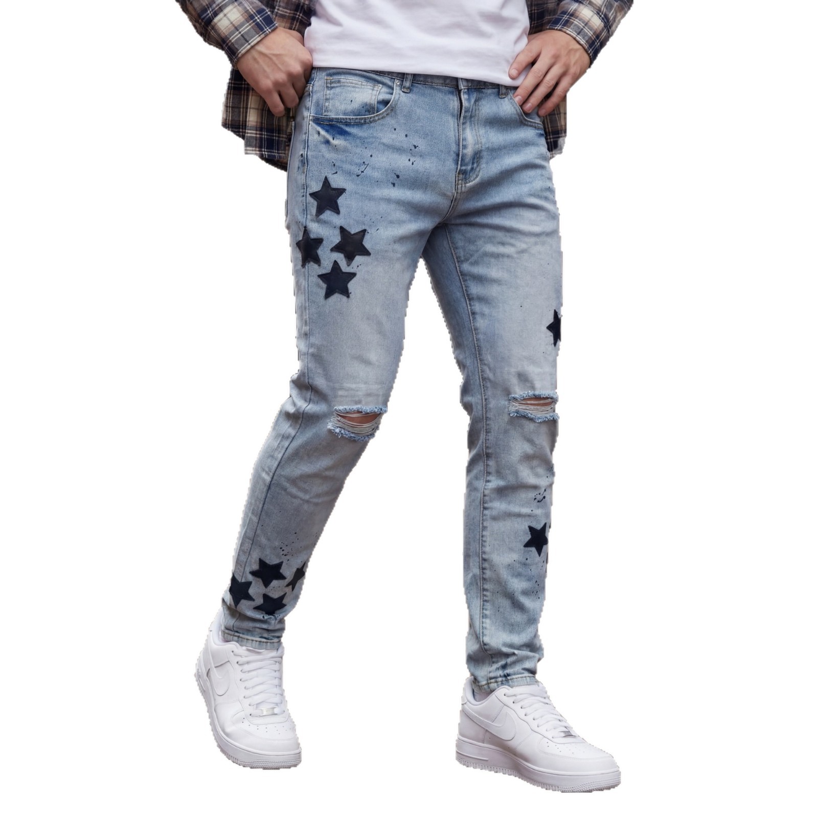 Men's Slim Fit Straight Leg Jeans Star Appliqué Embroidery Splatter Paint Ripped High Street Style Heavy Duty Trendy Brand_mkmklike.com