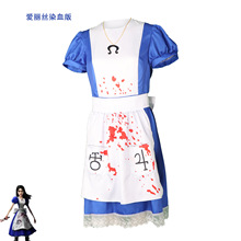 爱丽丝疯狂回归cos服爱丽丝女仆装染血版印花蓝白连衣裙
