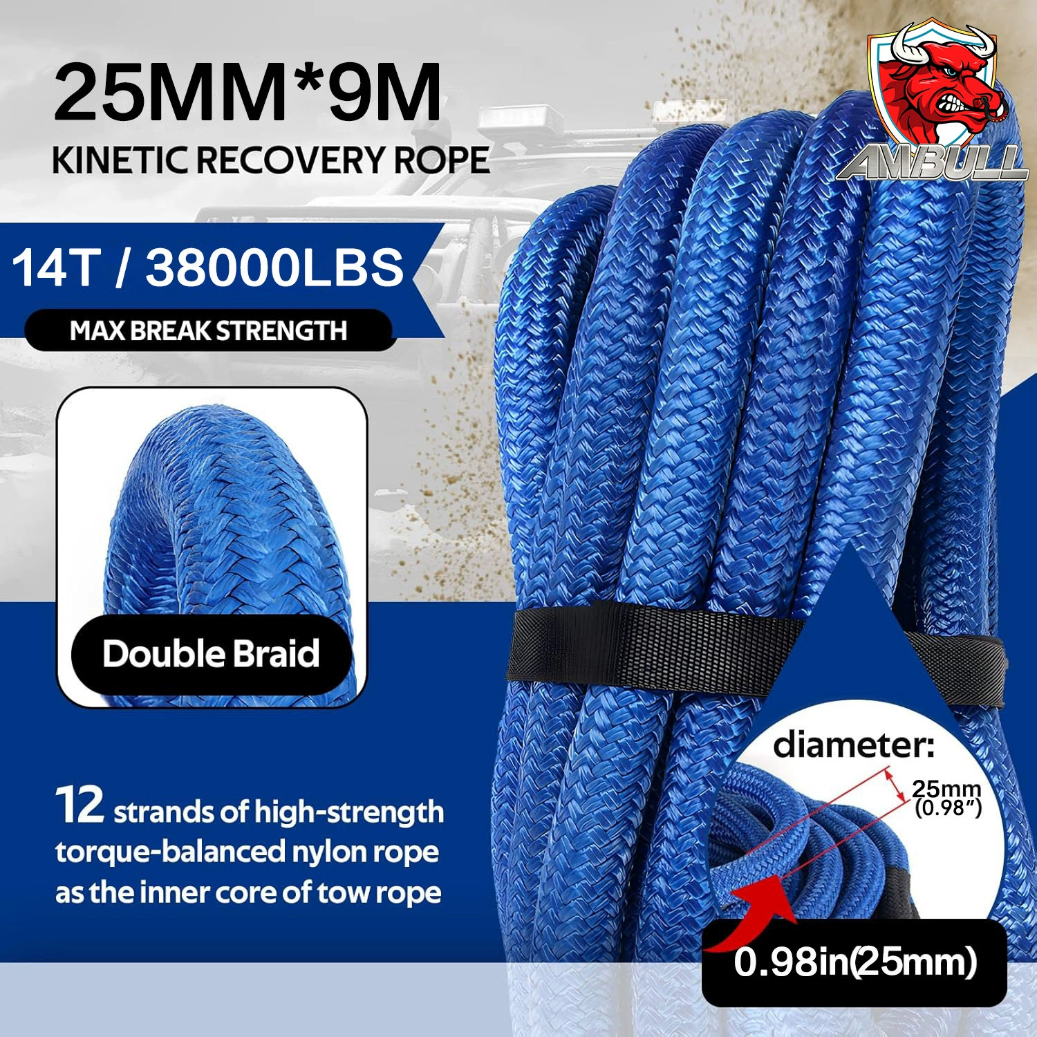 25 мм x 9 м высокопрочный нейлоновый спасательный эластичный буксировочный трос для внедорожных условий, тяжелый спасательный трос для бездорожья