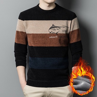 加绒加厚雪尼尔毛衣男中年爸爸装时尚印花圆领男士针织衫毛衣批发