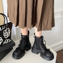 小个子增高厚底系带马丁靴女2025秋季新款韩系百搭配裙子黑色短靴
