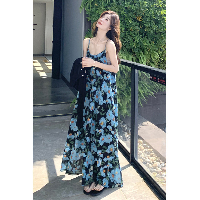 2025 New French Seaside Vacation Long Skirt with High Quality Blue Color Sleeveless Suspender Dress for Women Summer 2025 New French Seaside Vacation Long Skirt with High Quality Blue Color Sleeveless Suspender Dress for Women Summer