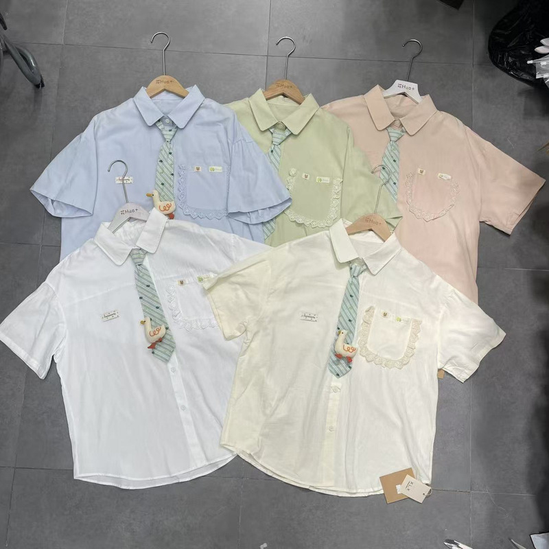 Summer New Japanese College Style Tie Short-Sleeve Shirt for Women, Lace Pocket Loose Fit Youthful Fresh Green Shirt Summer New Japanese College Style Tie Short-Sleeve Shirt for Women, Lace Pocket Loose Fit Youthful Fresh Green Shirt