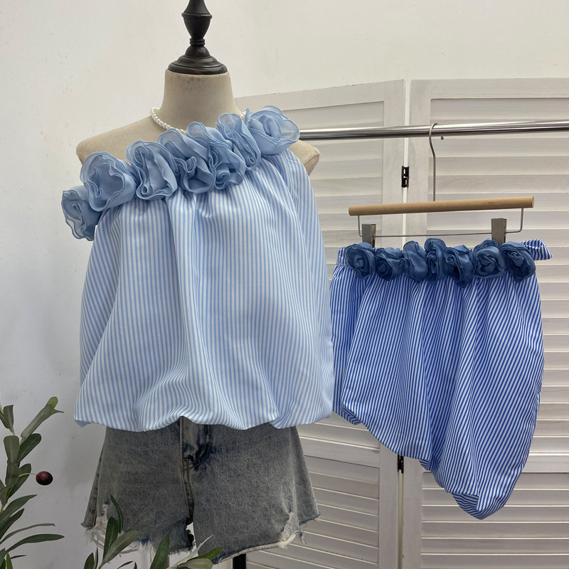 Real Shot of Blue Striped One-Shoulder Camisole Shirt for Women with 3D Floral Design, Puffy Short Sleeveless Top 9327