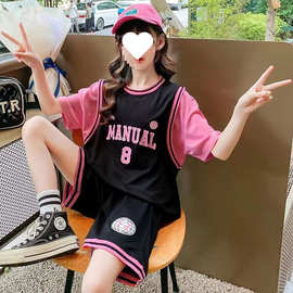 女童夏装篮球服运动服套装2025新款中大童假两件T恤五分裤两件套