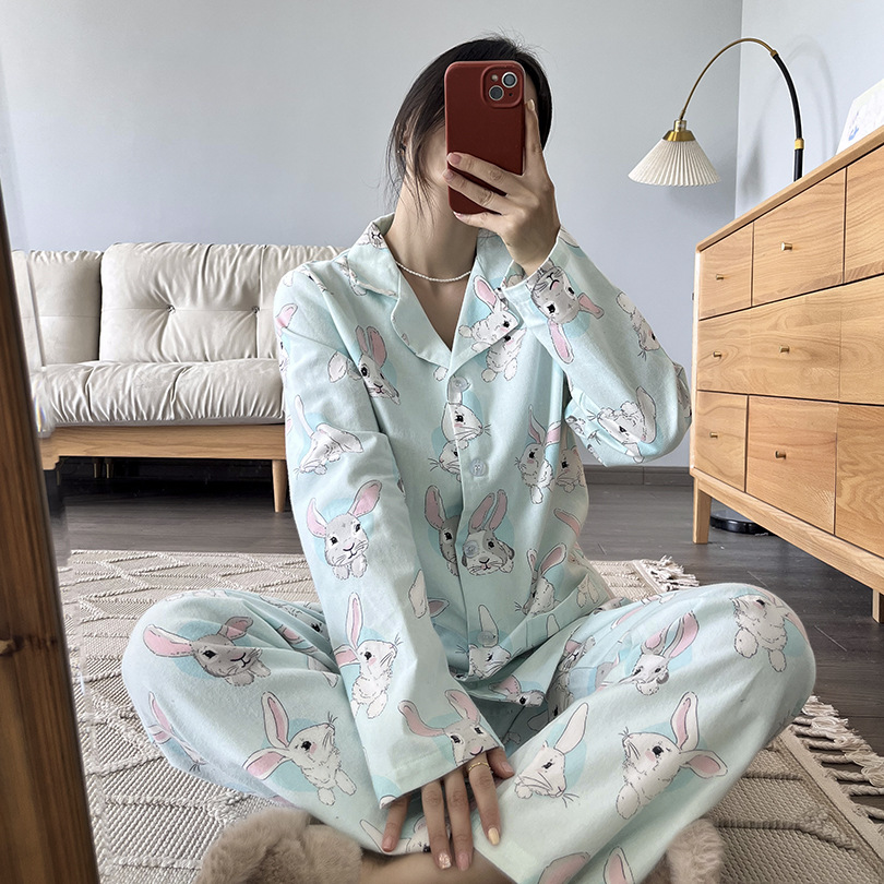 大耳朵兔兔秋冬竹纤维混纺磨毛卡通睡衣长袖长裤女秋冬家居服睡衣