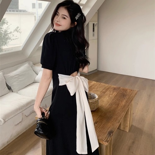 Design large size polo season dress for women, summer feel, waist-cinching butterfly bow black long dress for plus-size women, Hepburn style, slimming