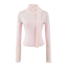 纯欲风透视拼接长袖针织衫女秋冬新款修身短款毛衣内搭打底衫上衣