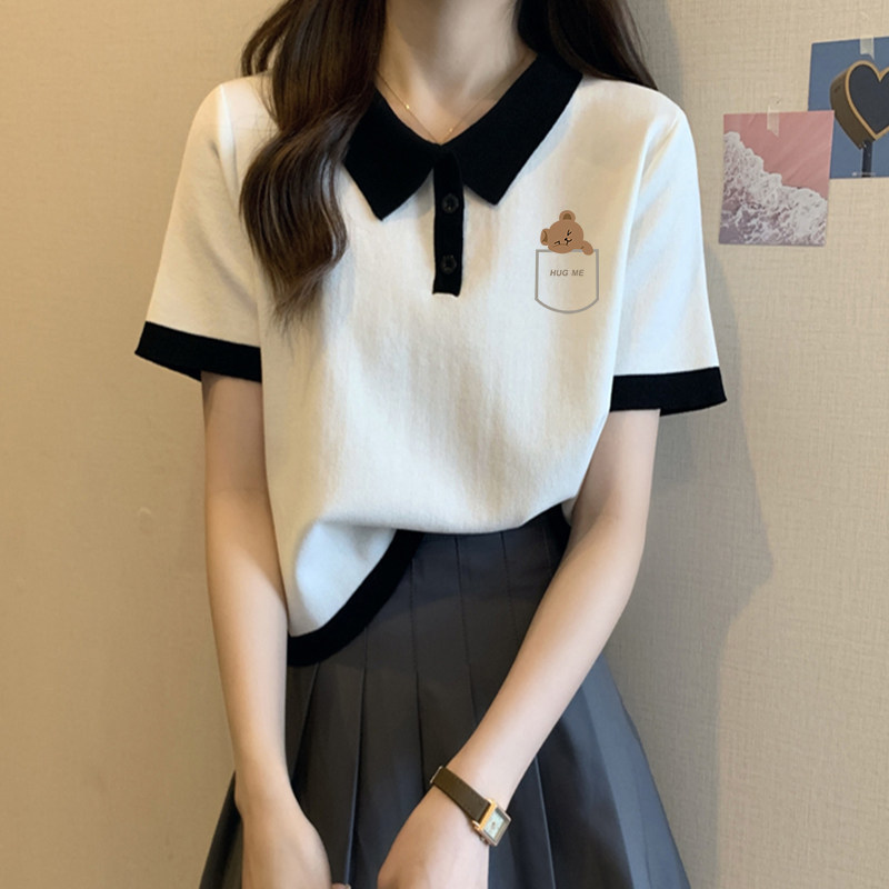 Super Stylish College-Style Color-Block Polo Collar Short-Sleeve T-Shirt for Women, Unique and Distinctive Print, Regular Shoulder Short Top for Summer