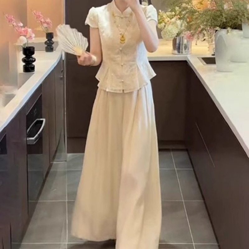 2025初夏穿搭胖新中式国风改良汉服杏色衬衫上衣高腰阔腿裤套装|undefined