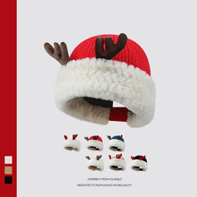 圣诞小红帽女秋冬新款氛围感红色可爱鹿角针织毛线帽防风护耳帽潮