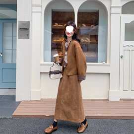 减龄格纹拼接麂皮绒外套半身裙套装女春秋巨好看感两件套图片色
