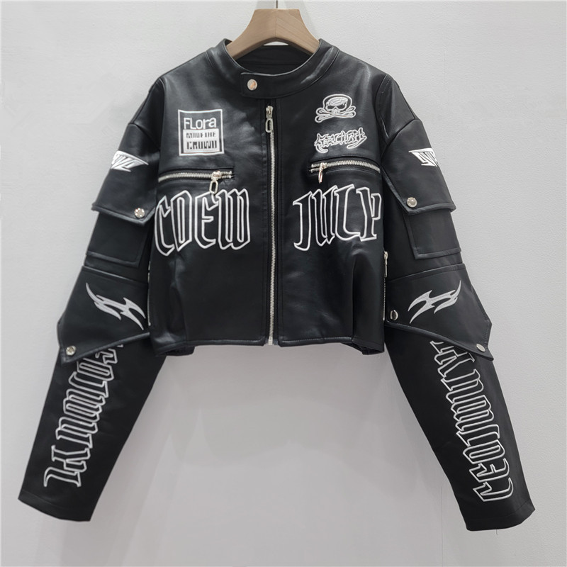 American Cool Trendy Letter Embroidered Skull Motorcycle Jacket Pu Leather Jacket Women's 2025 Spring and Autum New Short Jacket American Cool Trendy Letter Embroidered Skull Motorcycle Jacket Pu Leather Jacket Women's 2025 Spring and Autum New Short Jacket