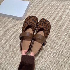 复古豹纹勃肯鞋女浅口芒果头单鞋女一字扣玛丽珍豆豆鞋芭蕾鞋秋季