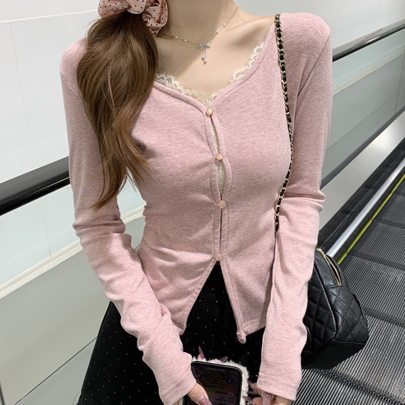 Pure Cotton Korean Style Fake Two-Piece Lace V Neck Long-Sleeved T-Shirt for Women in Spring & Fall Sweet Style Short Inner Slimming Look Top Pure Cotton Korean Style Fake Two-Piece Lace V Neck Long-Sleeved T-Shirt for Women in Spring & Fall Sweet Style Short Inner Slimming Look Top