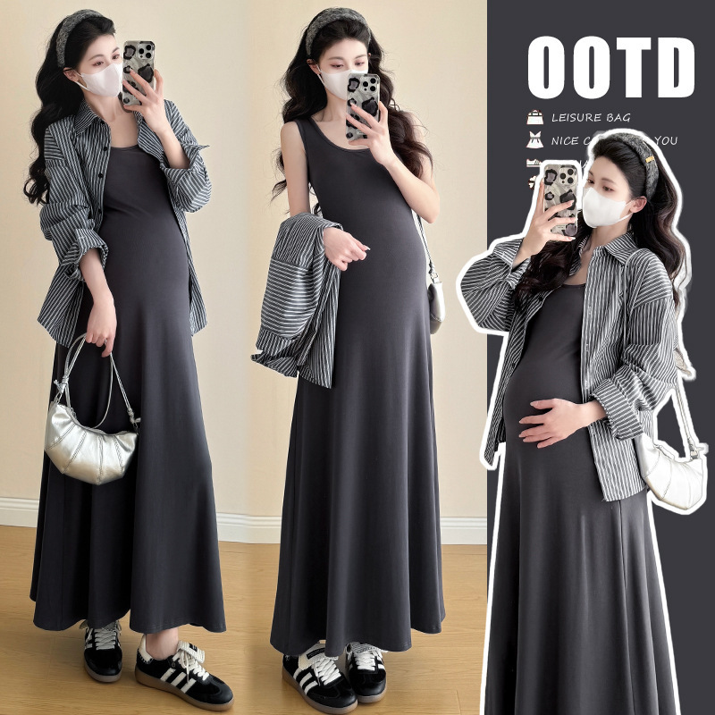 Maternity Suspender Dress Spring & Fall 2025 New Elegant Stripesd Long-Sleeved Shirt Hot Mom Vest Long Skirt Two-Piece Set