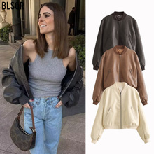 亚马逊PU街头短款修身2023秋立领机车飞行员夹克外套女上衣A19840