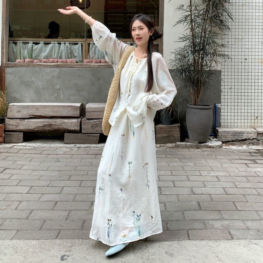 设计感时尚套装女中式长袖系带印花上衣2025夏季新款高腰半身裙