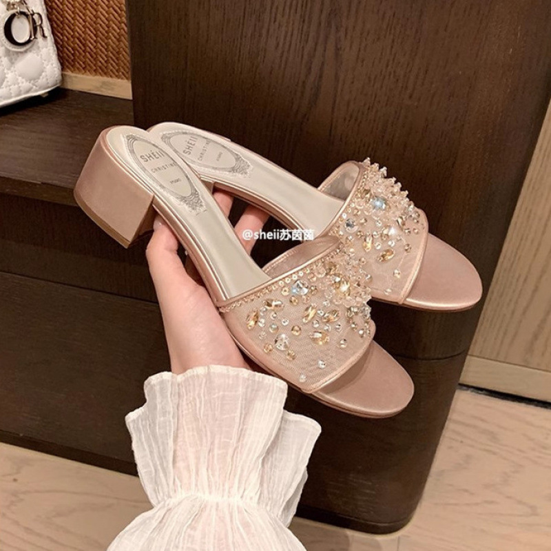 苏茵茵同款限量水晶拖~网纱水钻一字粗跟拖鞋女凉拖晚宴外穿