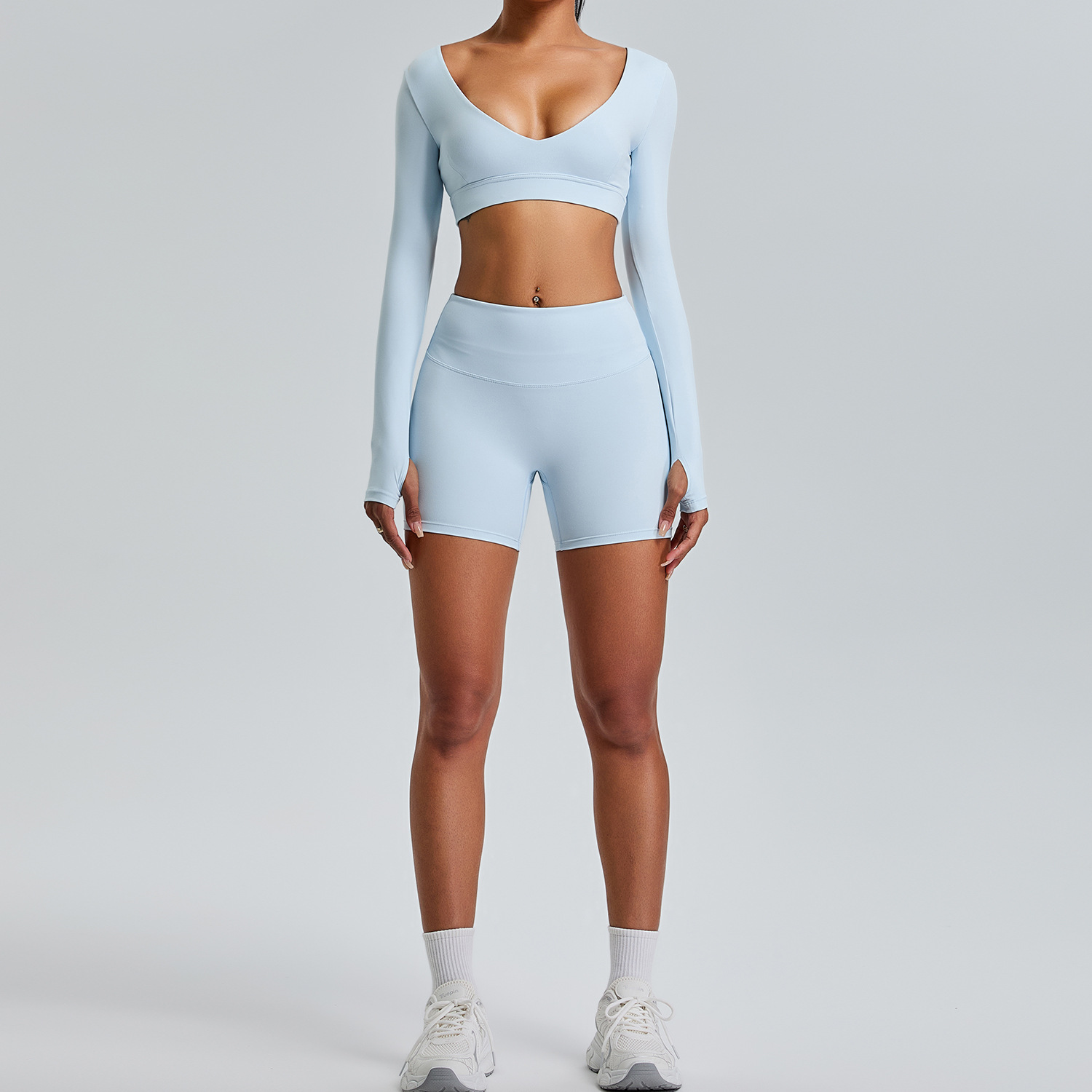 Traje de ropa de yoga de manga larga con cuello en V sexy de nuevo estilo transfronterizo, ropa deportiva de alta gama para mujeres, ropa deportiva de levantamiento de cadera de melocotón