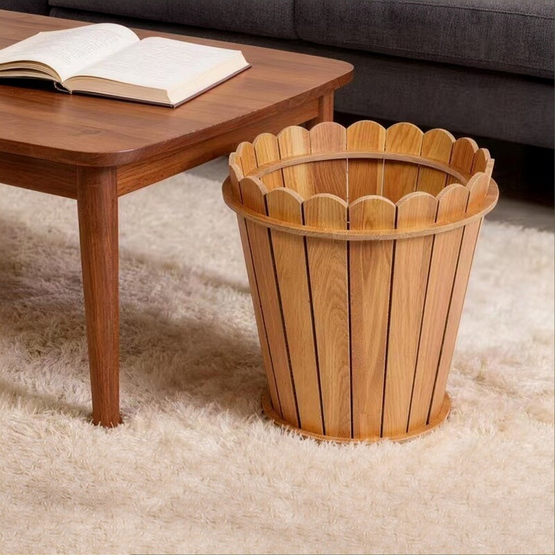 Cross-Border Wood Grain Household Trash Can for Living Room, Bedroom, Dining Table, Sofa, Shoe Cabinet, with Lid, in Stock, Wood Grain Trash Can