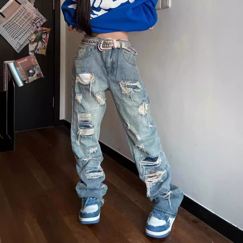 American-Style Washed Jeans with Ripped Knees for Men, Hip-Hop High Street Casual Distressed Loose Straight-Leg Pants, Trendy and Cool American-Style Washed Jeans with Ripped Knees for Men, Hip-Hop High Street Casual Distressed Loose Straight-Leg Pants, Trendy and Cool